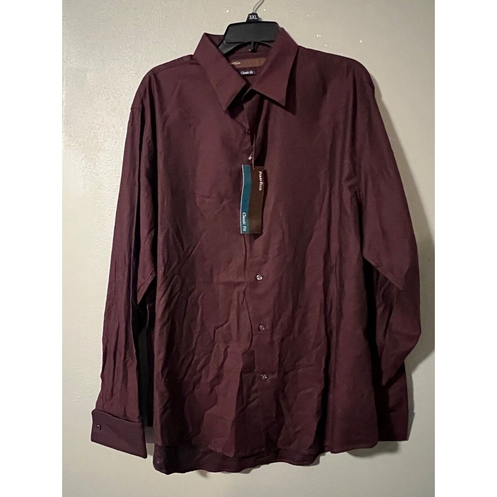 PERRY ELLIS Mens Long Sleeve Striped Button Up‎ Classic Fit BRAND NEW DARK WINE